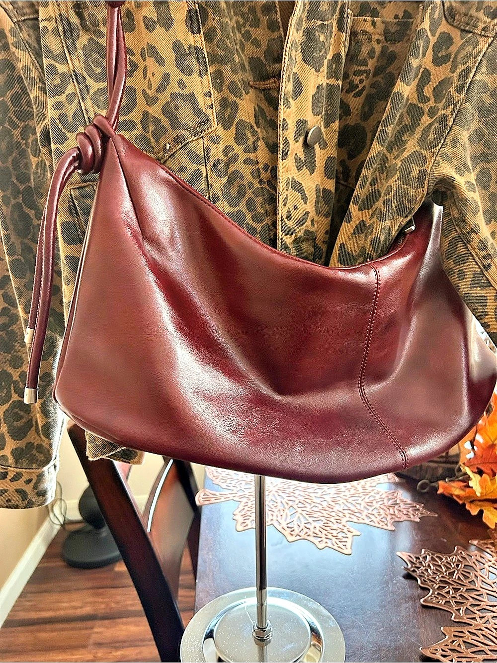 Leather-Look Hobo Bag in Burgundy